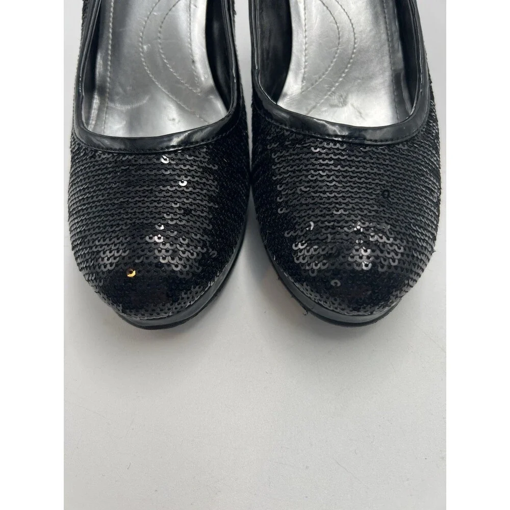 Tahari Black Sequin Round Toe Leather Pumps Heel Formal Black Tie Party Sz 8.5 M - Picture 4 of 11